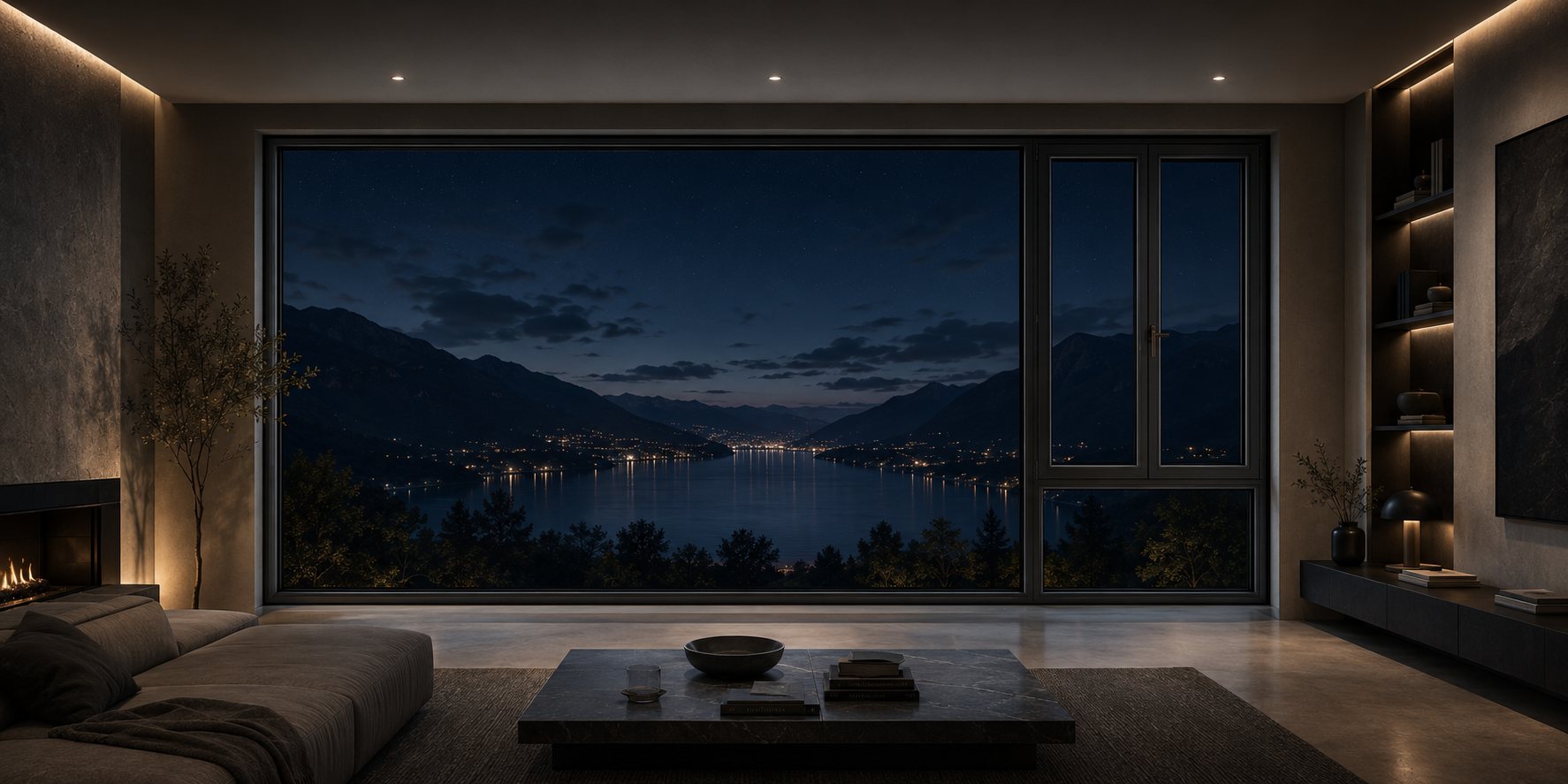 Living modern noaptea, cu perete vitrat panoramic spre un lac și munți montani